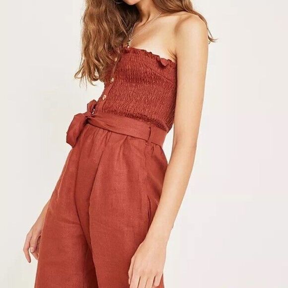 Faithful The Brand Lais Jumpsuit Plain Sangria Linen Smock Strapless Jumpsuit - Picture 6 of 13